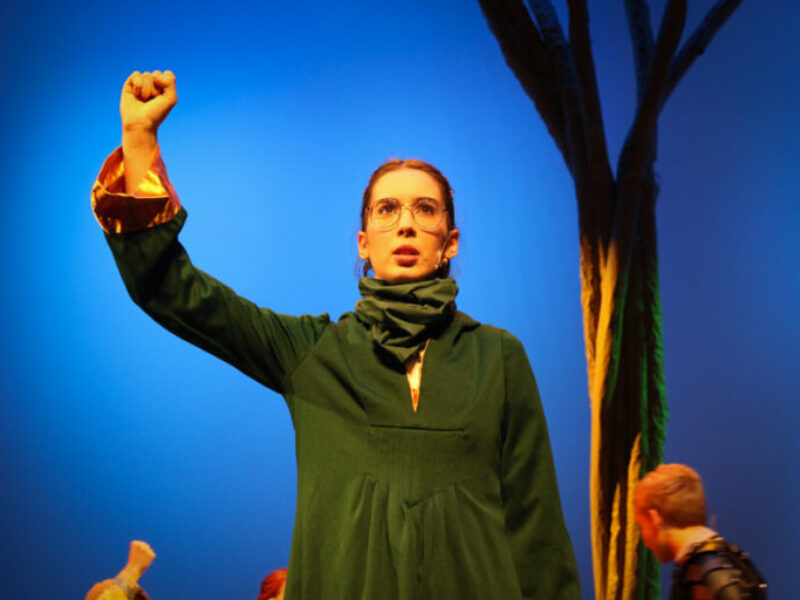 actor playing Marian with fist raised